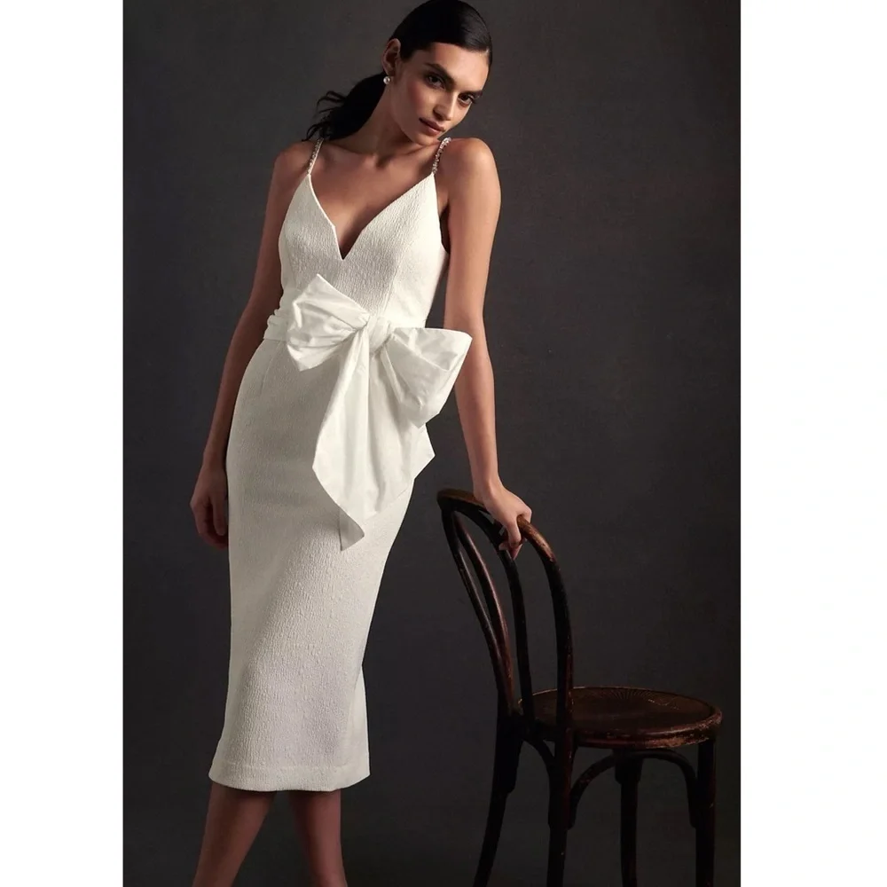 ANTHROPOLOGIE REBECCA VALLANCE GENEVIEVE BRIDAL BOW V-NECK SHEATH MIDI DRESS - Picture 1 of 17